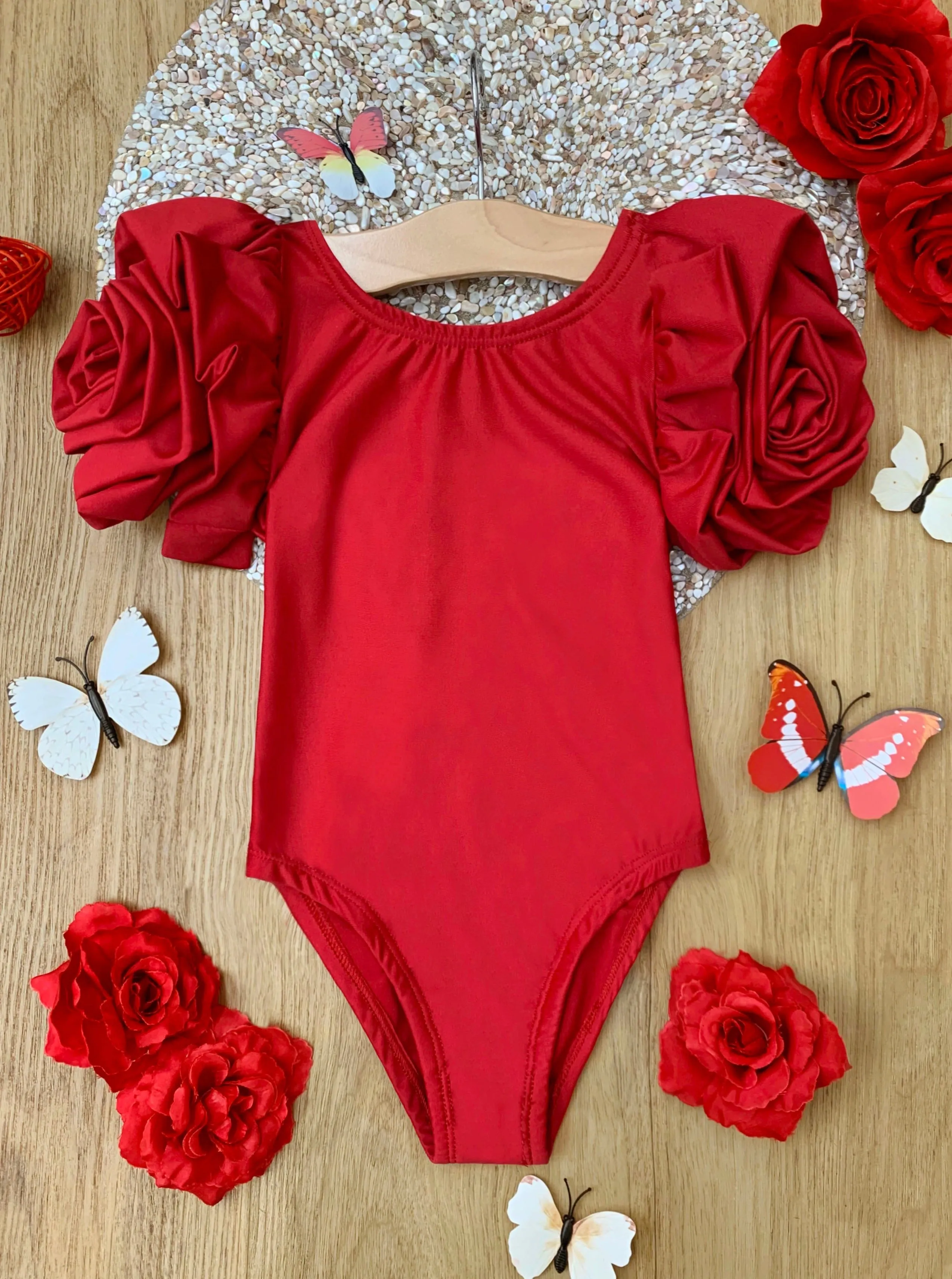 Blooming Rose Sleeve Red One Piece Swimsuit