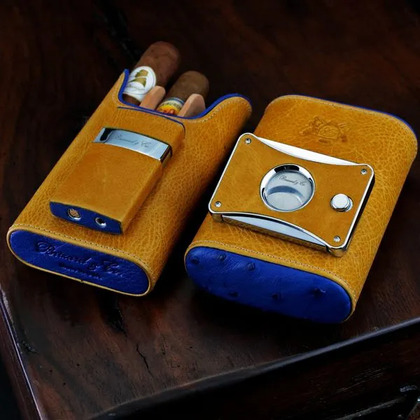 Brizard and Co. The "Show Band" 3 Cigar Case - Blue Ostrich and Camel Color Leather