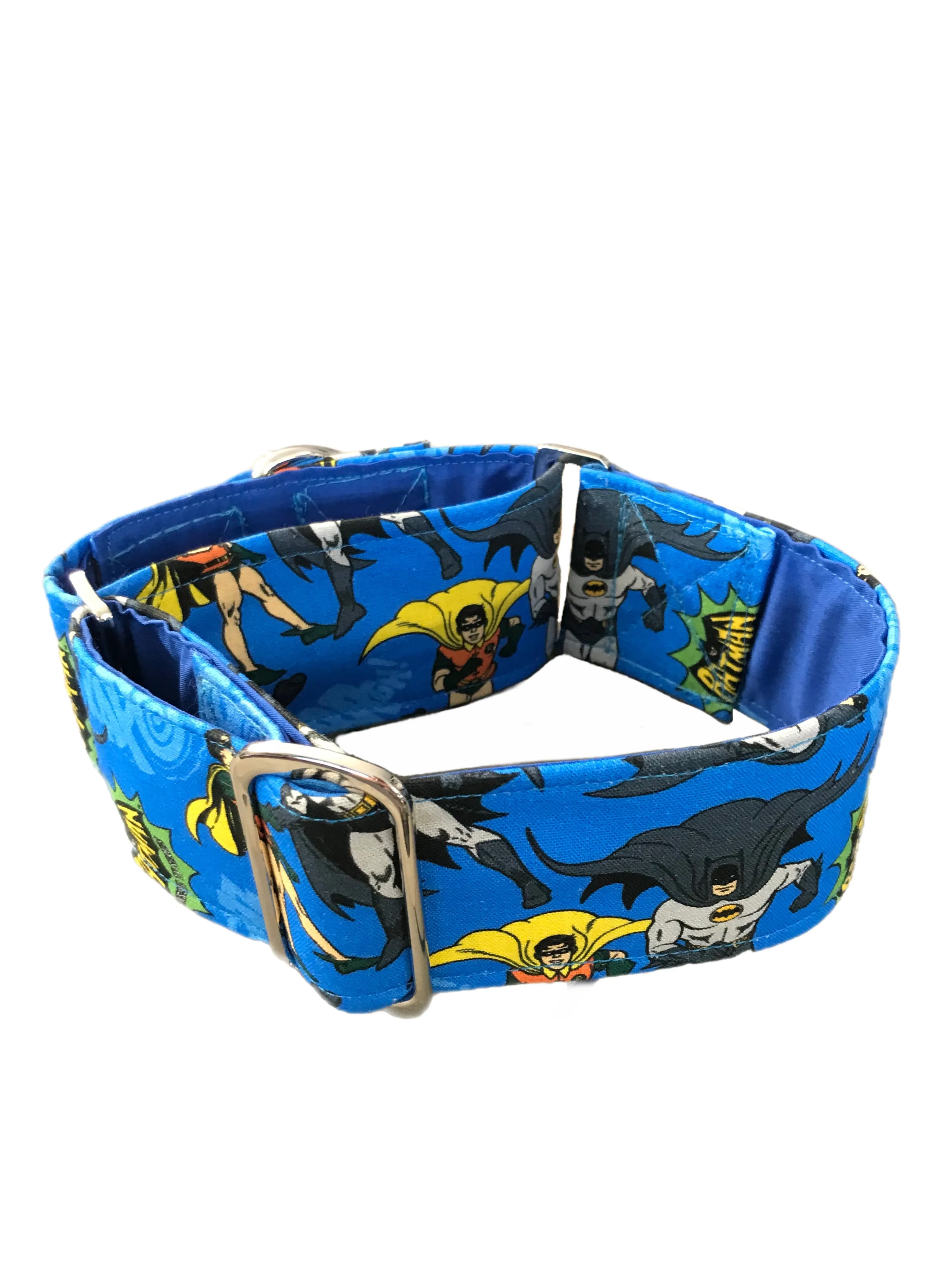 Cotton covered greyhound Martingale collar blue Batman and Robin 50mm width super soft