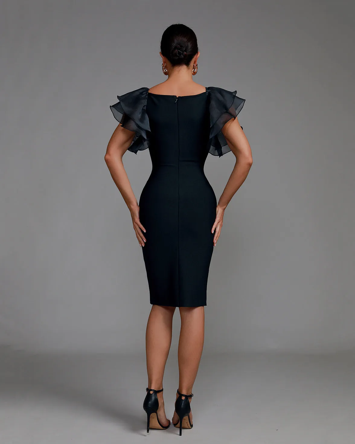 Elegant Puff Sleeve Tulle Midi Bandage Dress