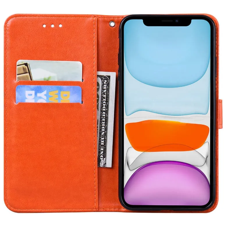 For iPhone12 iPhone12Pro 6.1 Inches Leather Case Flip Cover Card Slots Stand Bag Orange
