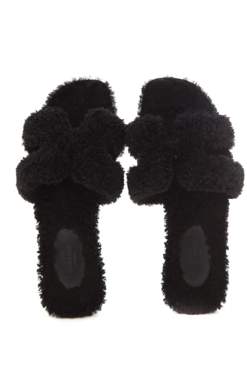 Hermès "Oran" Black Shearling Slides SZ 35