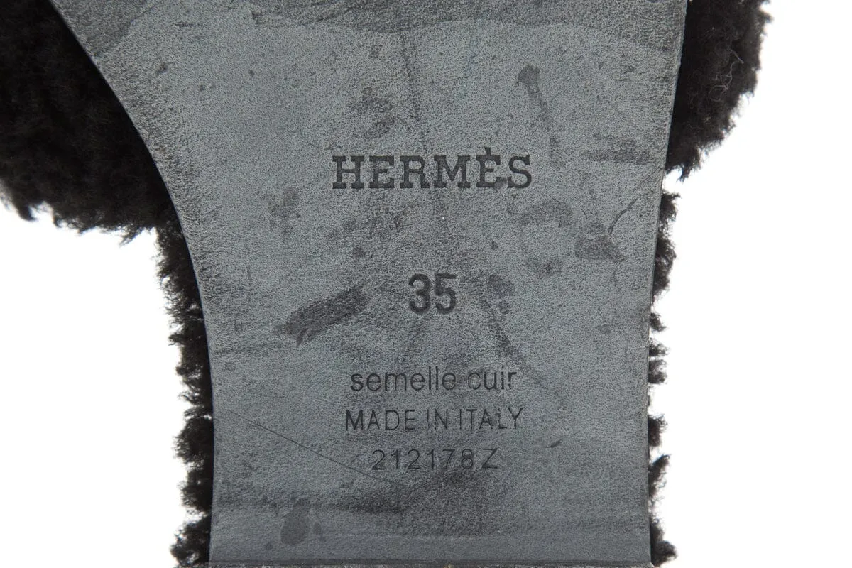 Hermès "Oran" Black Shearling Slides SZ 35