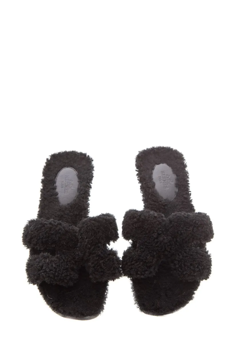 Hermès "Oran" Black Shearling Slides SZ 35