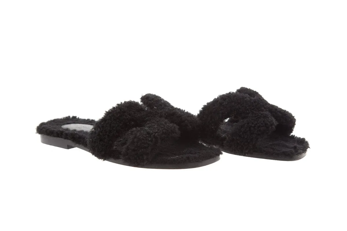 Hermès "Oran" Black Shearling Slides SZ 35