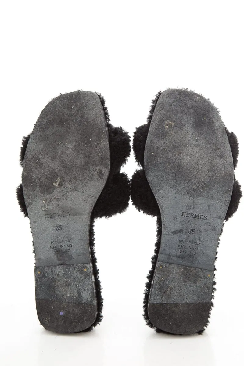 Hermès "Oran" Black Shearling Slides SZ 35