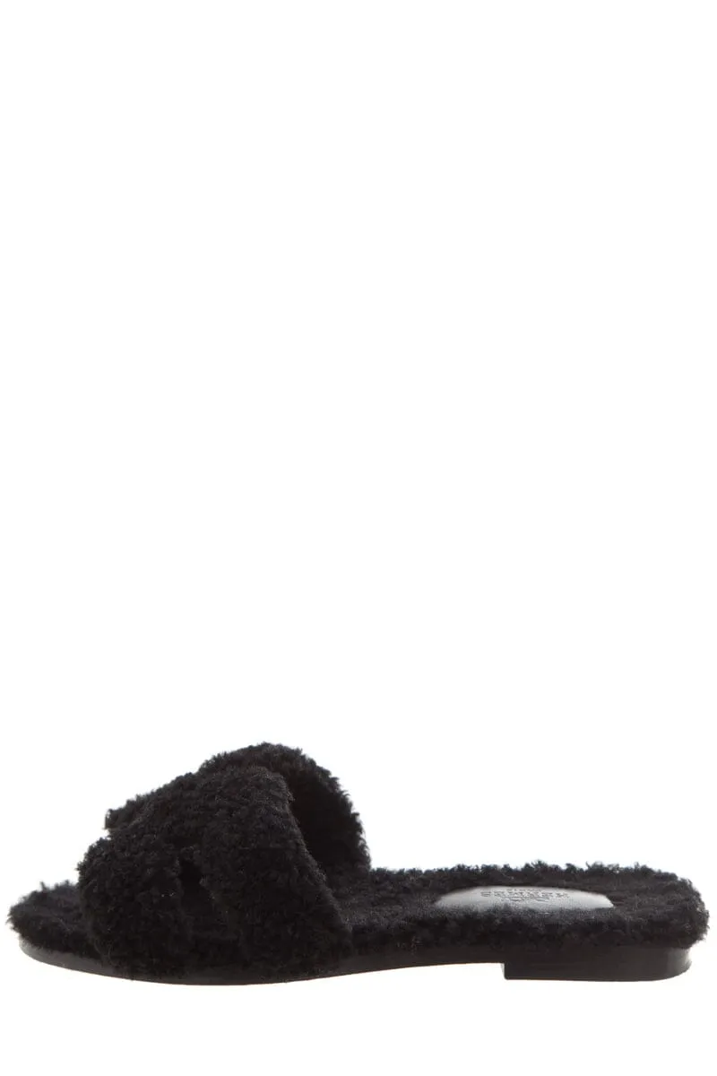 Hermès "Oran" Black Shearling Slides SZ 35