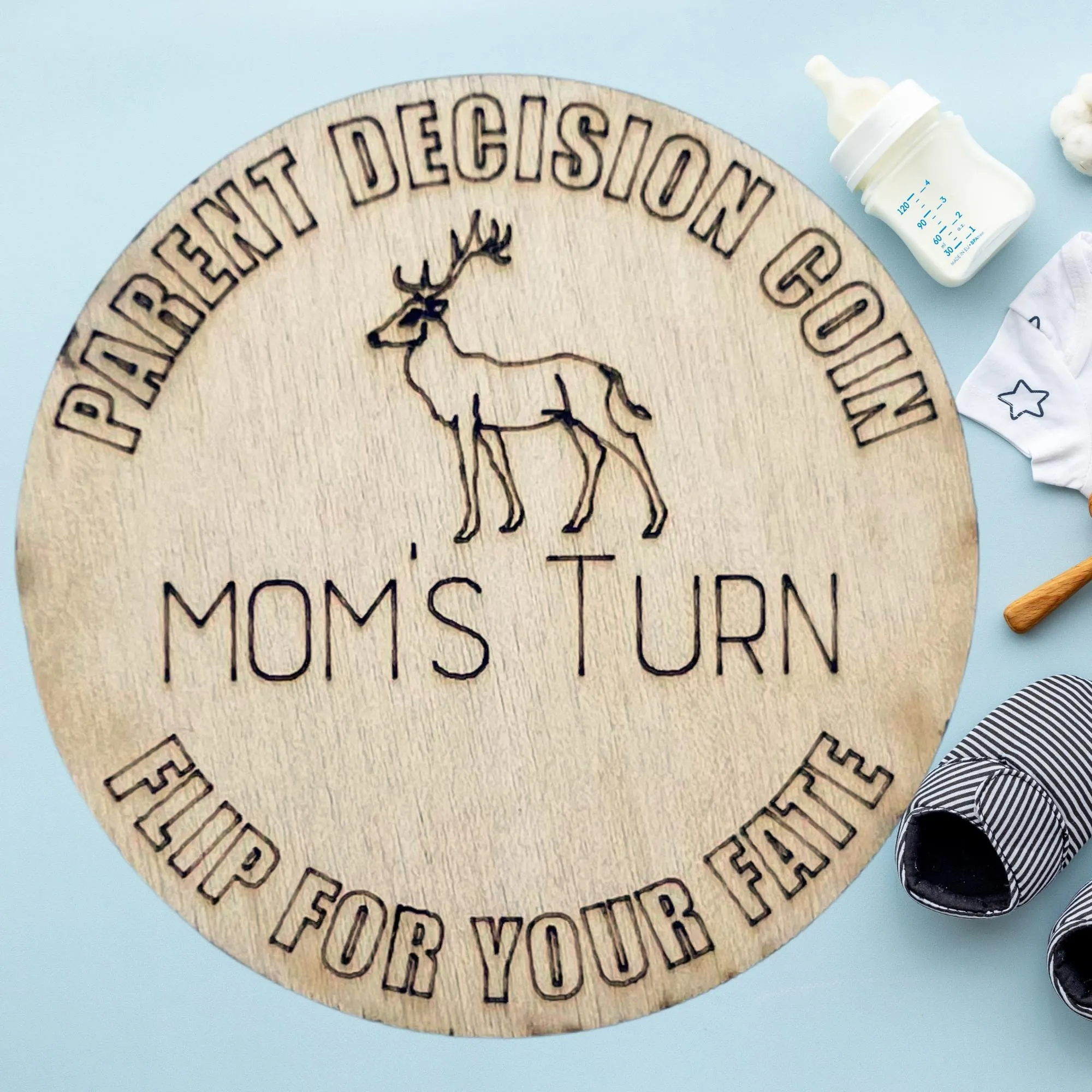 Hunting Themed Wooden Parent Decision Coin – 3x3 Inches Engraved Baby Design | Deer Custom Name "Mom's Turn" & "Dad's Turn" New Parent Gift