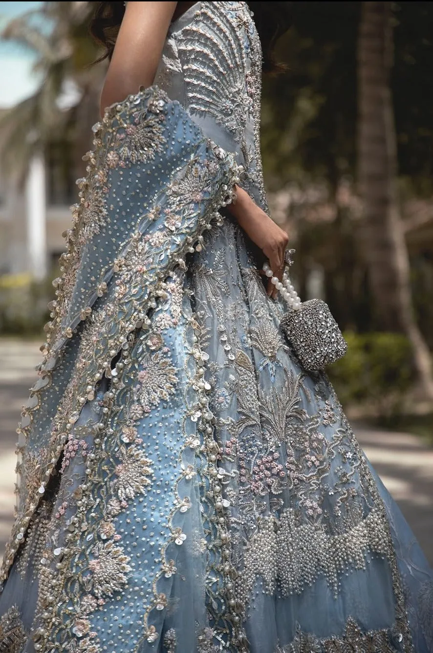 Net Light Blue Front Open Frock for Indian Bridal Wear