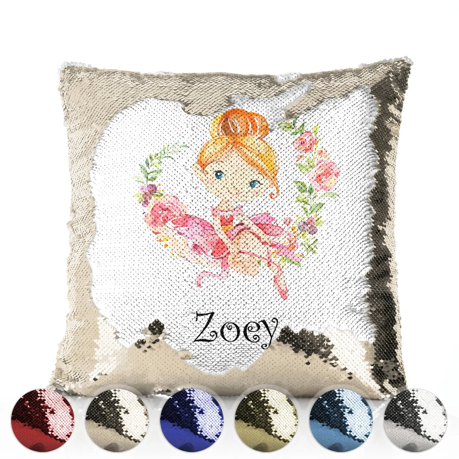 Personalised Sequin Cushion with Cute Text and Flower Wreath Red Hair Ballerina