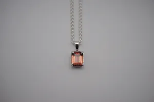 Pink Tourmaline Necklace: Emerald Cut, Silver Leaf Basket Setting, Silver Wheat Chain