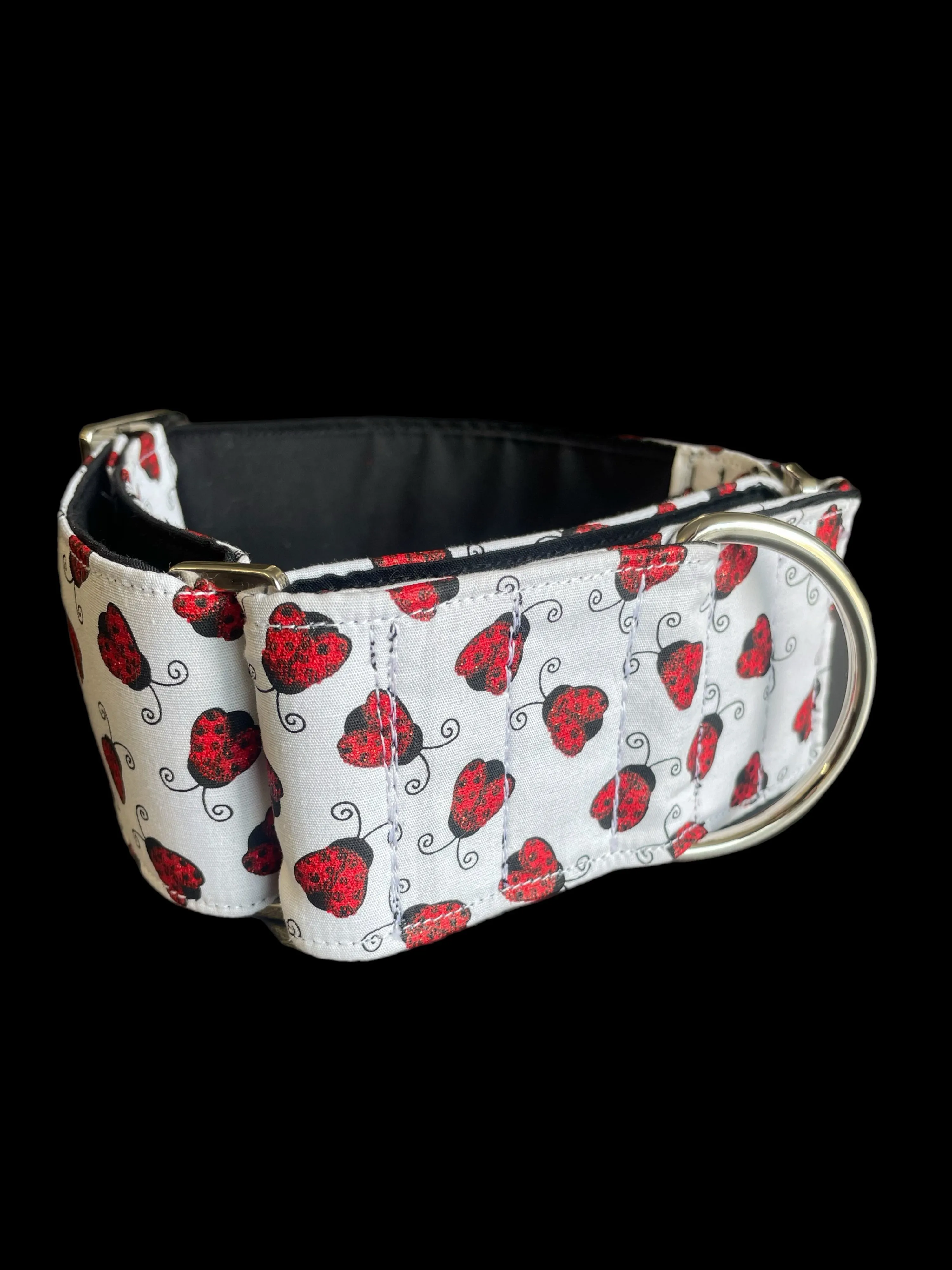 Red Shimmery ladybirds design on crisp white greyhound whippet wide Martingale collar cotton covered super soft