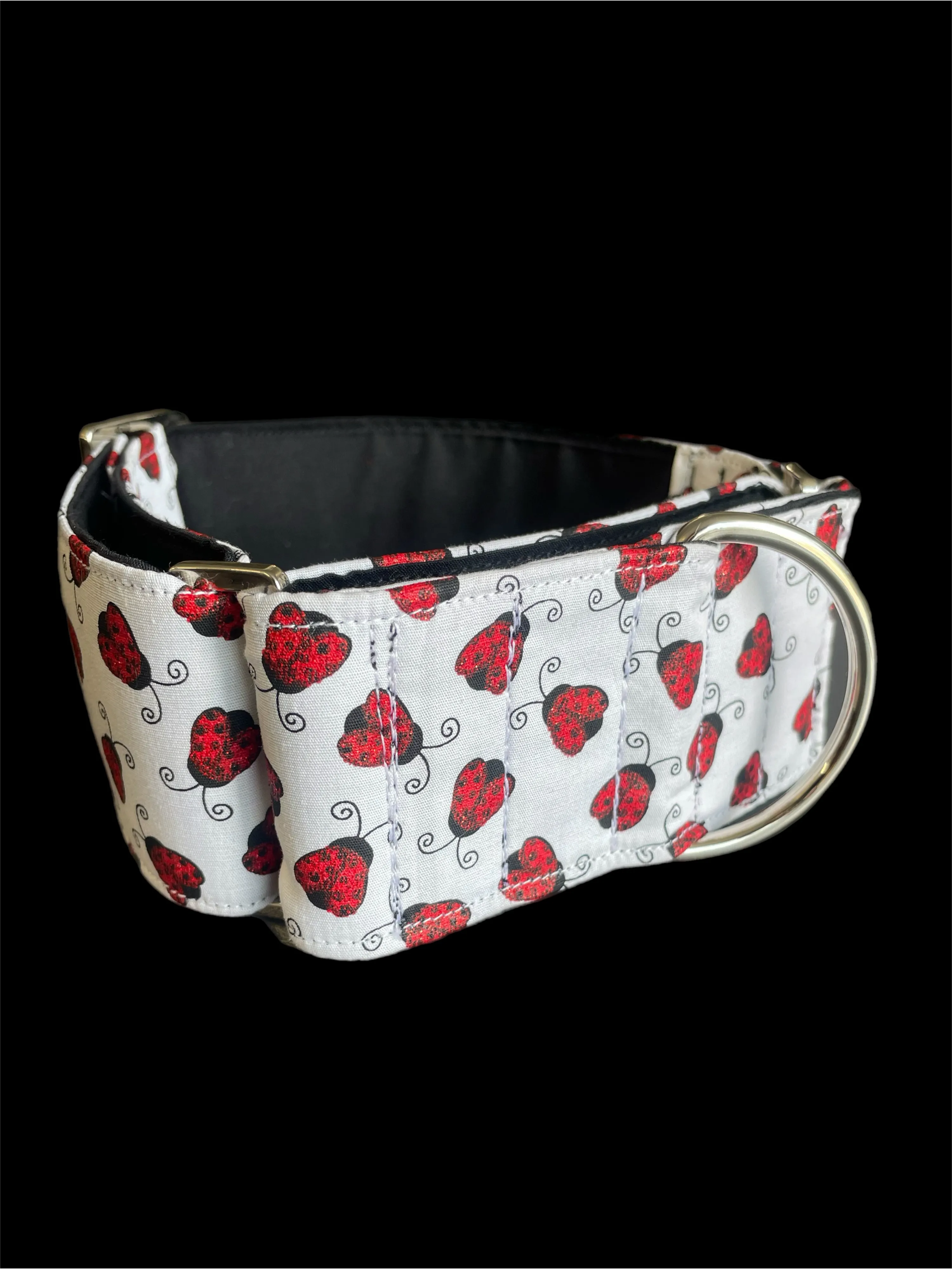 Red Shimmery ladybirds design on crisp white greyhound whippet wide Martingale collar cotton covered super soft