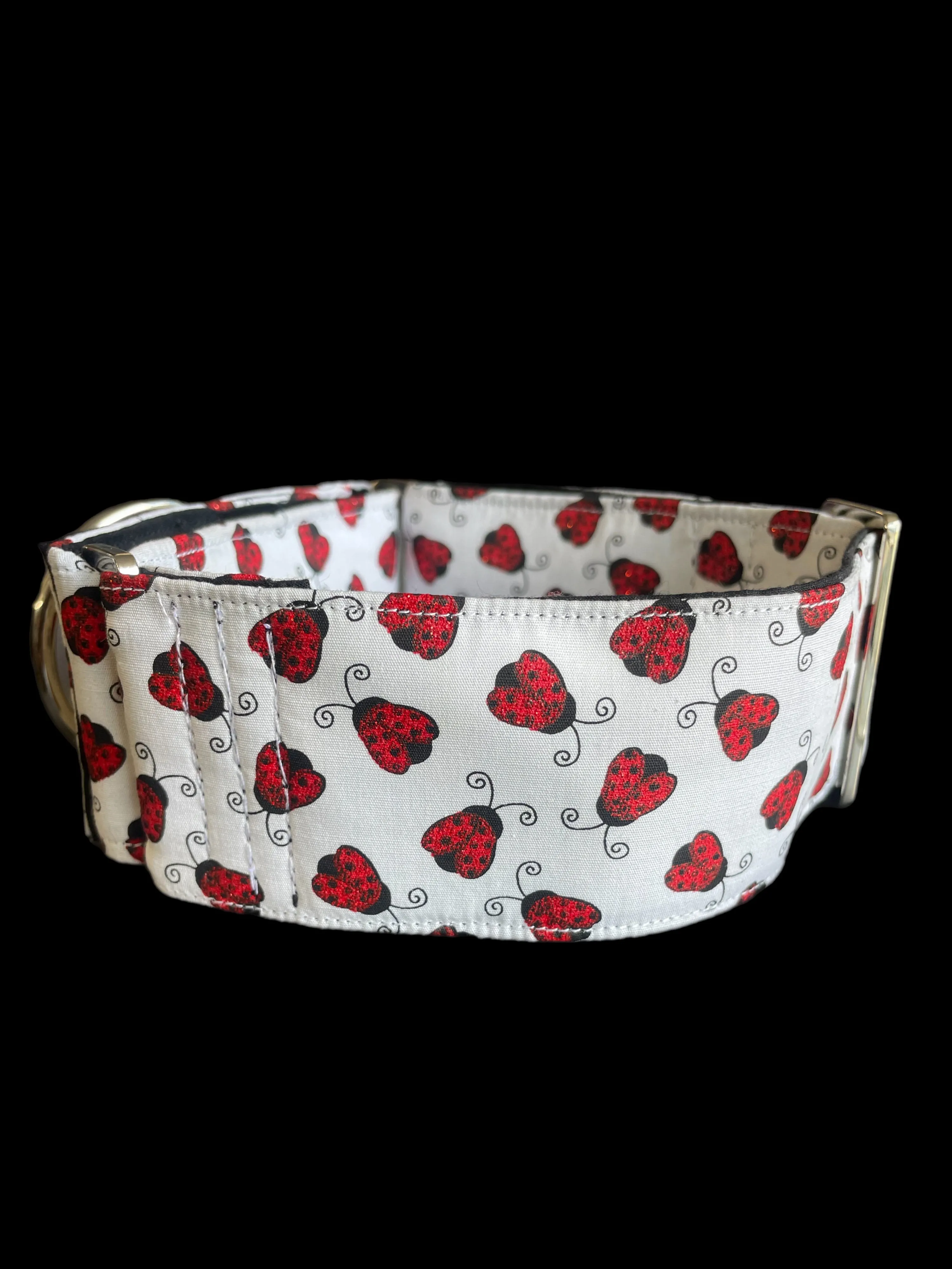 Red Shimmery ladybirds design on crisp white greyhound whippet wide Martingale collar cotton covered super soft