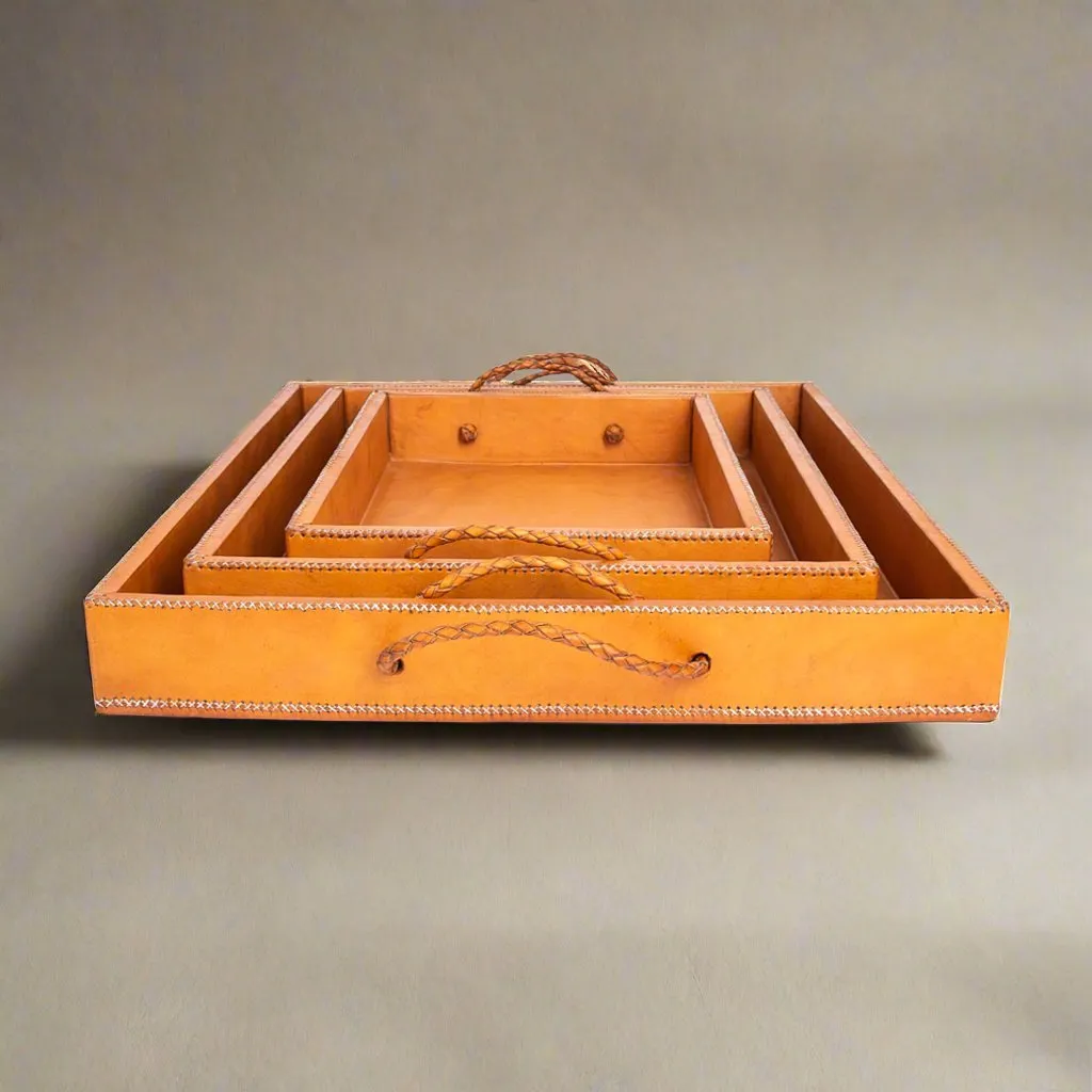 Rosado | Cedar Wood   Leather Ottoman Tray Set with Embroidered Handles