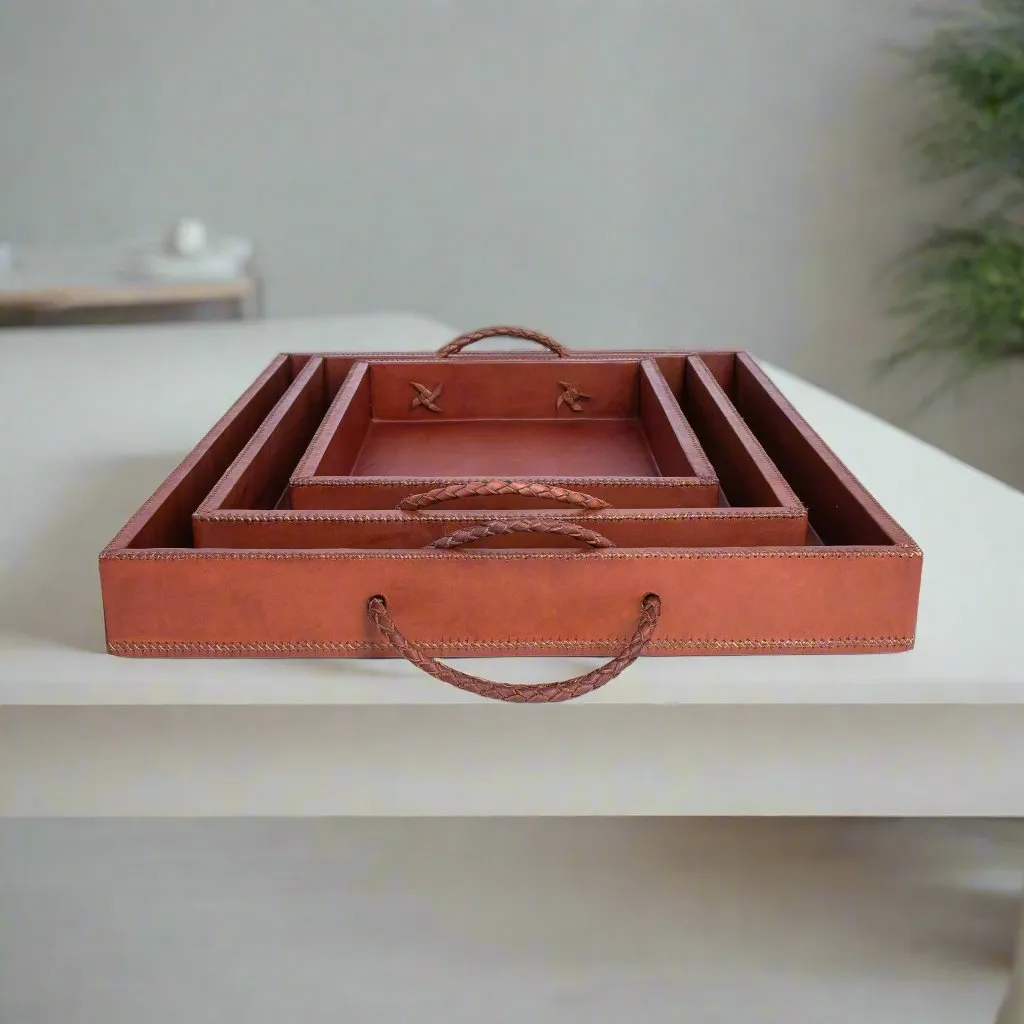 Rosado | Cedar Wood   Leather Ottoman Tray Set with Embroidered Handles