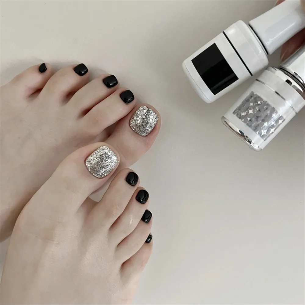Square Toe Black Silver Shiny Silver
