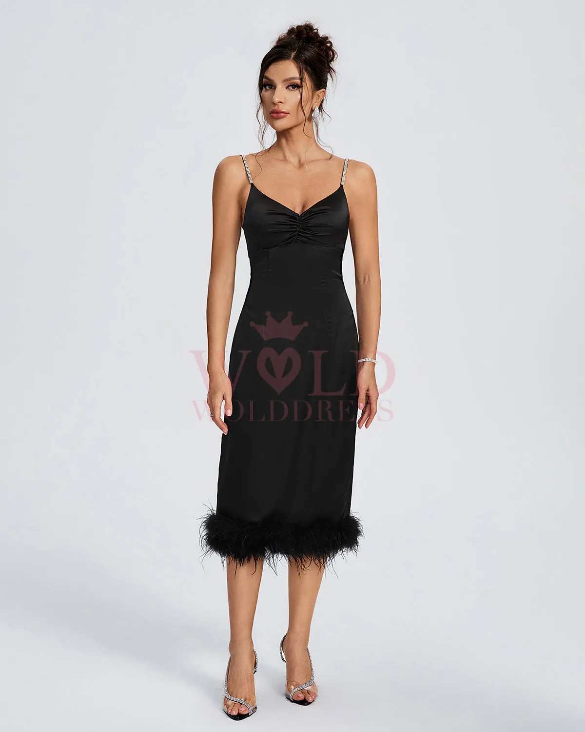 Strappy Backless Feather Trim Midi Dress