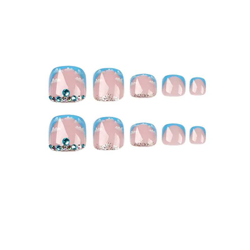 Toe nail blue sky french with blue diamonds