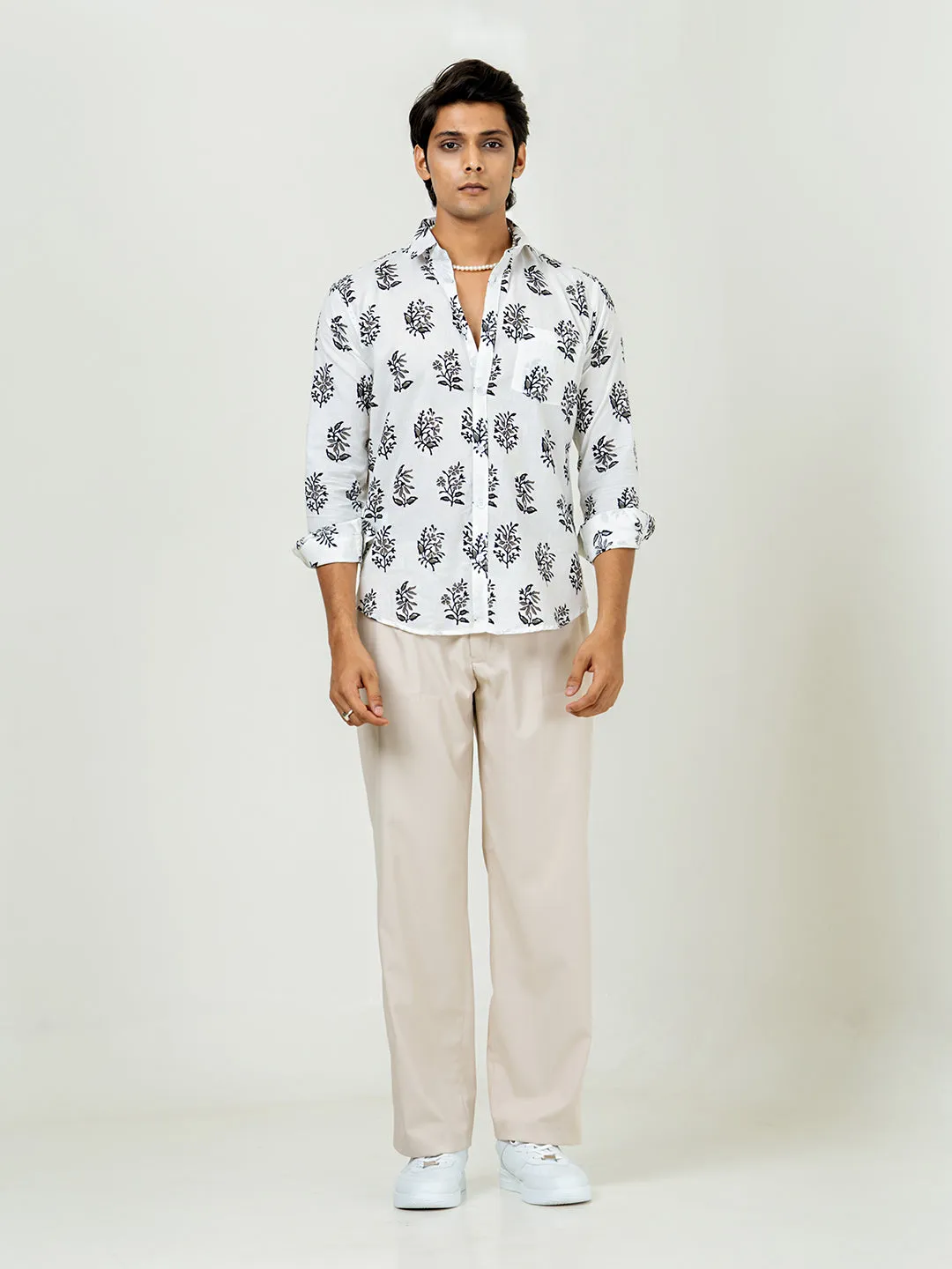 White Floral Full Sleeve Sanganeri Printed Shirt