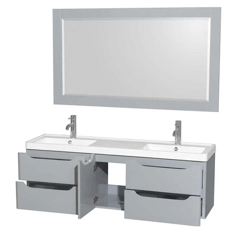 Wyndham Collection Murano 60 inch Double Bathroom Vanity in Gray, Acrylic-Resin Countertop, Integrated Sinks, and 58 inch Mirror